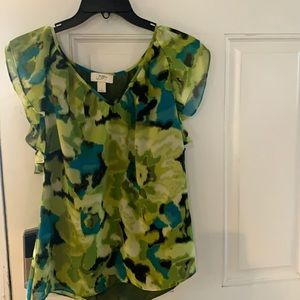 LOFT Green & Teal Floral Print Ruffle Sleeve Blouse